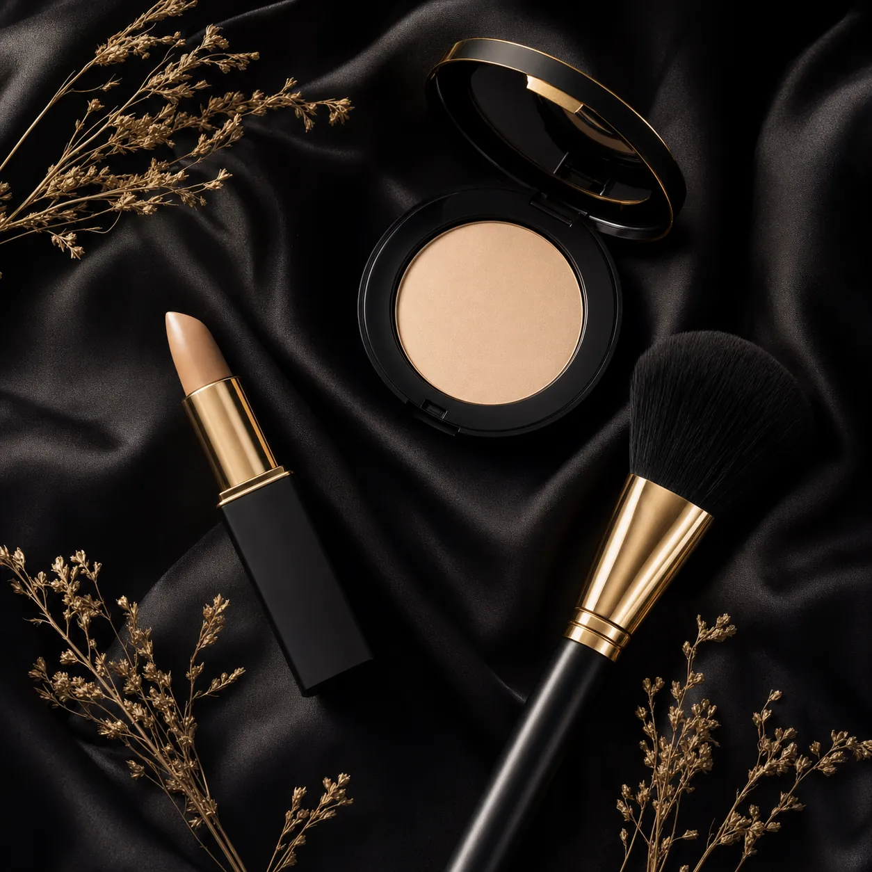 Editorial flatlay of luxury makeup products