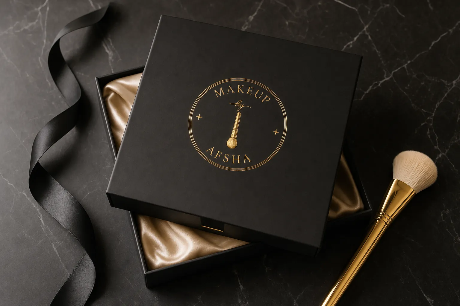 Black gift box with gold emblem packaging